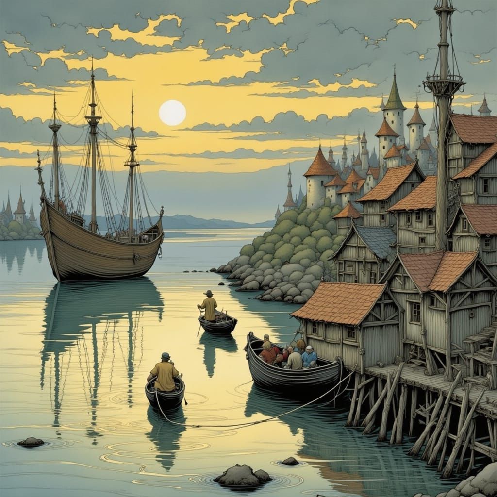 Medieval Island Port at Dawn, in a Whimsical, Folk Art Style