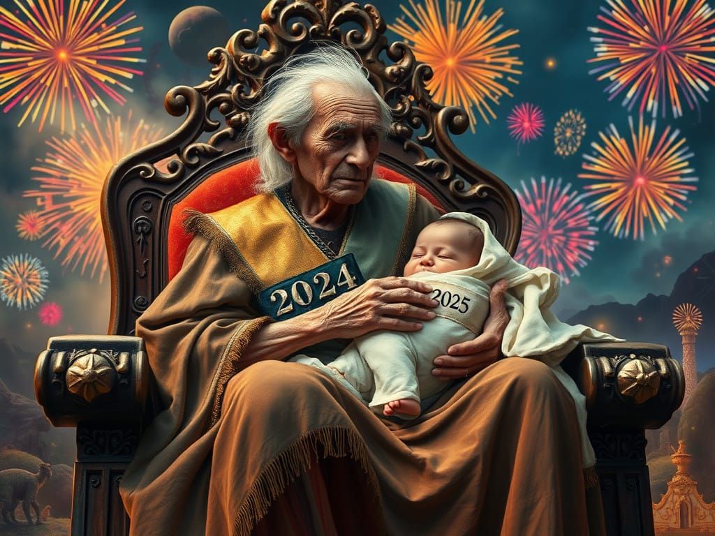 Elderly King Embraces New Beginnings in Vibrant Fireworks Sc...