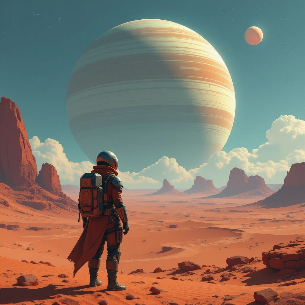 Traveler Gazing at Ringed Planet in Alien Desert