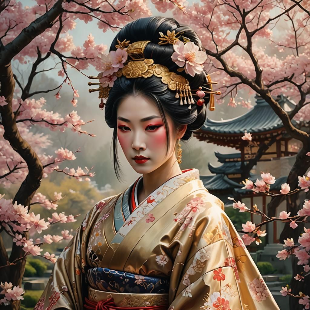 Geisha in Garden as Renaissance Oil Painting