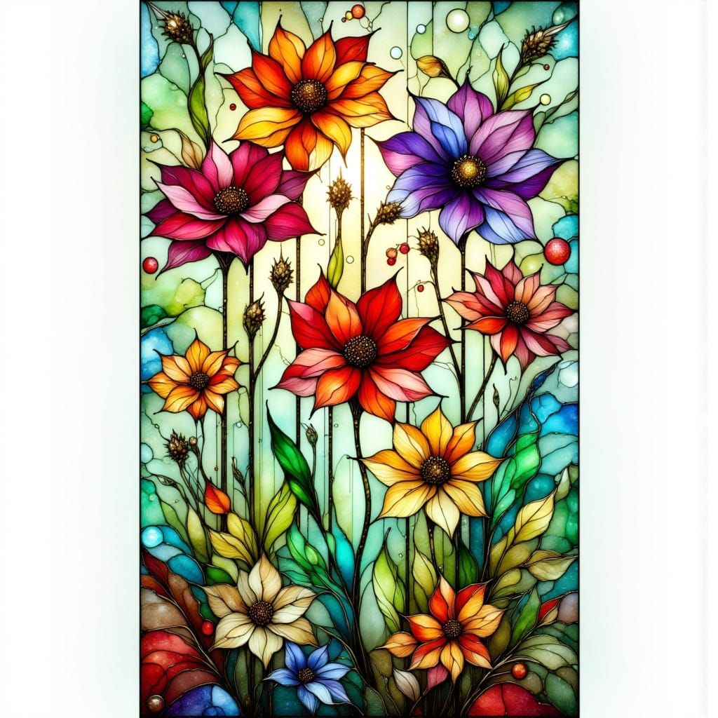 Whimsical Garden Flowers in Stained Glass and Alcohol Ink St...