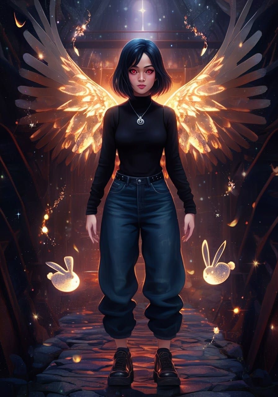 Thai Angel with Moon Rabbit Spirits in Dream Landscape