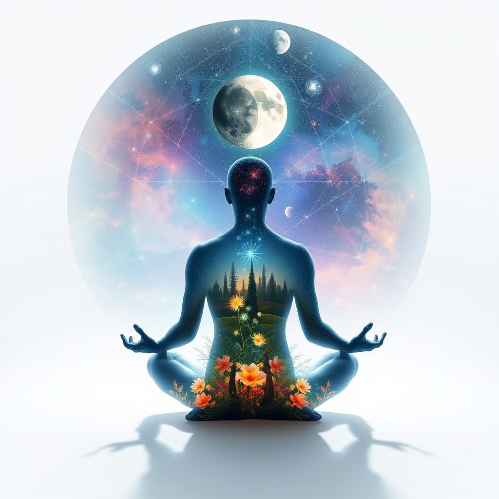 Meditative Bioluminescent Figure in Psychedelic Cosmic Art