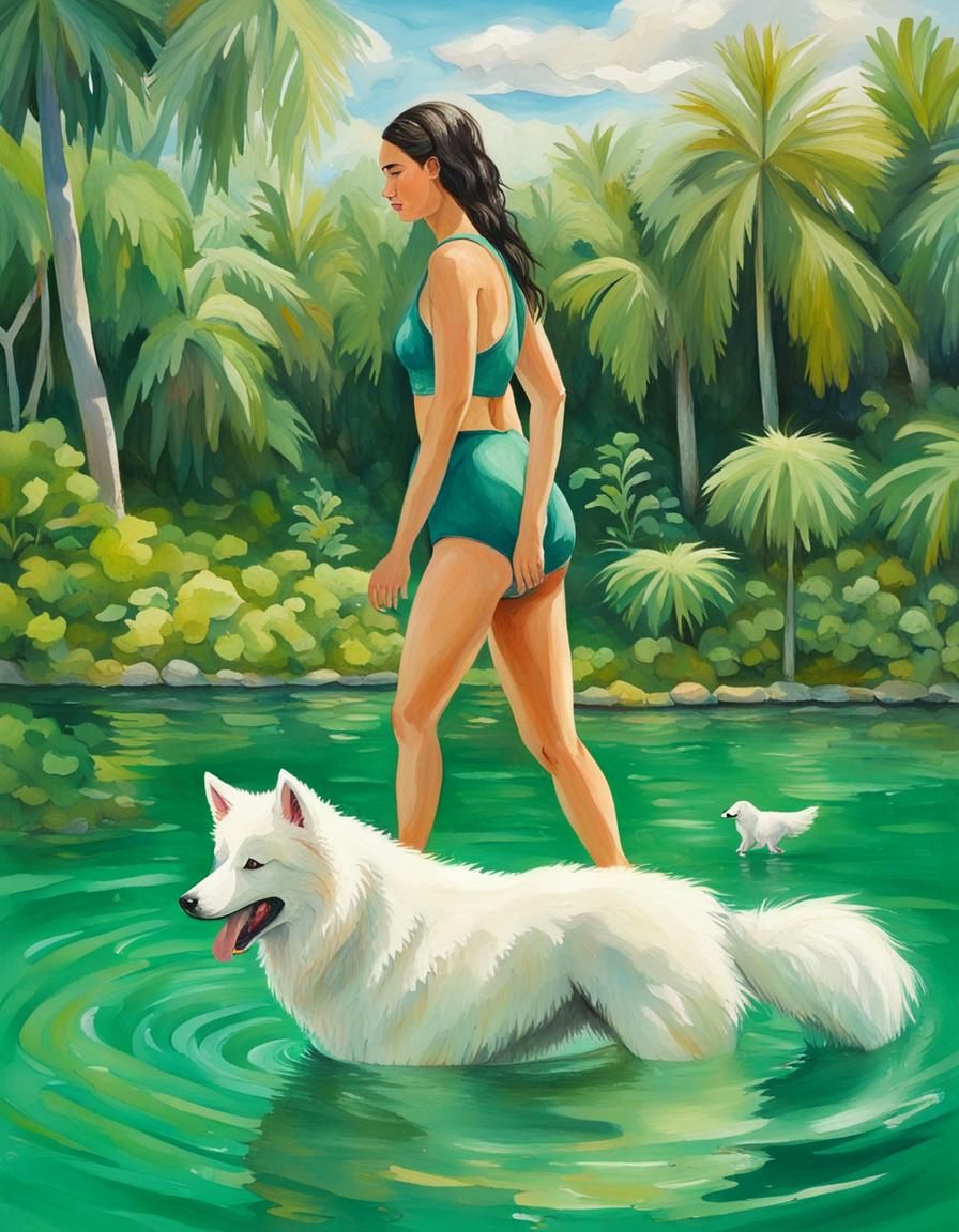 Samoyed and Brunette Swim in Fiji: Gouache Painting