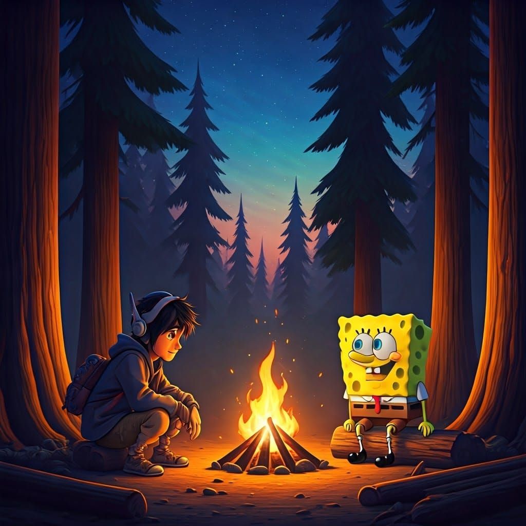 Hiro and SpongeBob Camping: 3D Digital Art