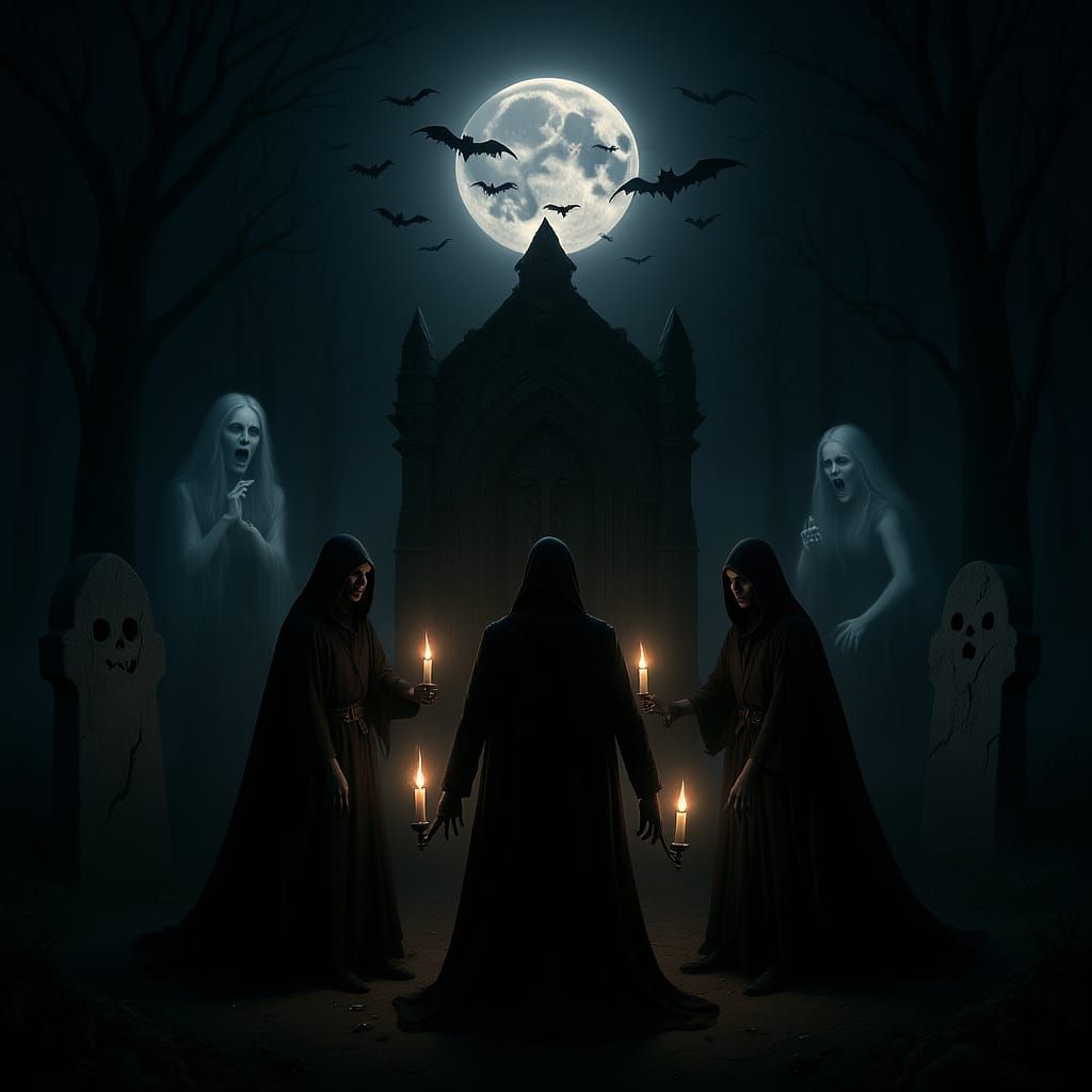 Gothic Cemetery Ritual With Spectral Hands and Full Moon