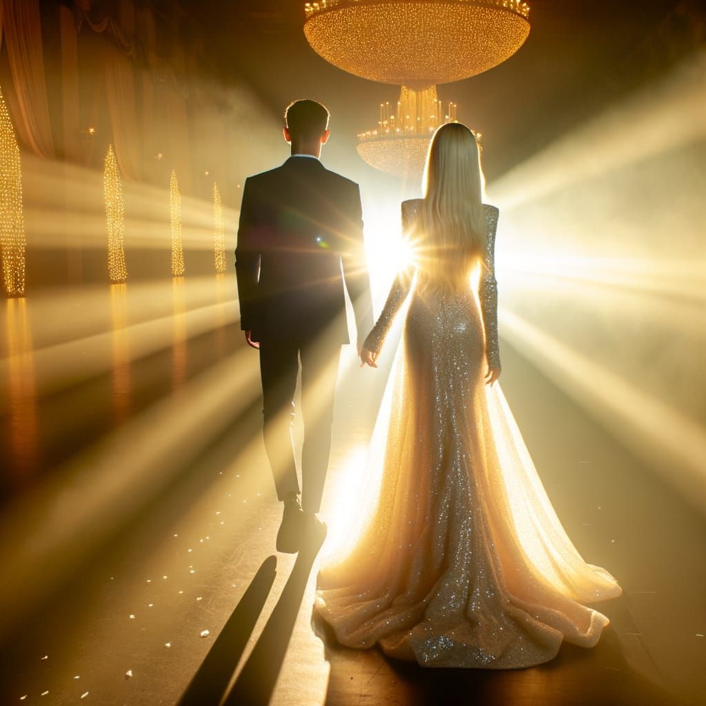 Couple Silhouetted in Golden Ballroom, Ethereal Winter Ball