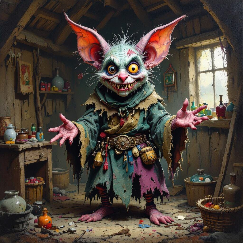 Wicked Magic Creature in Cluttered Hut Oil Painting