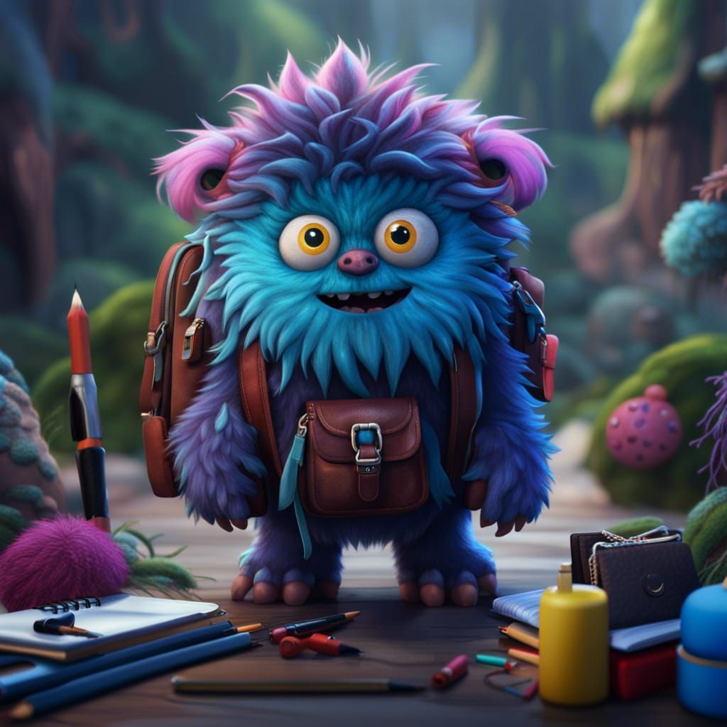 Cute Fluffy Monster with School Supplies