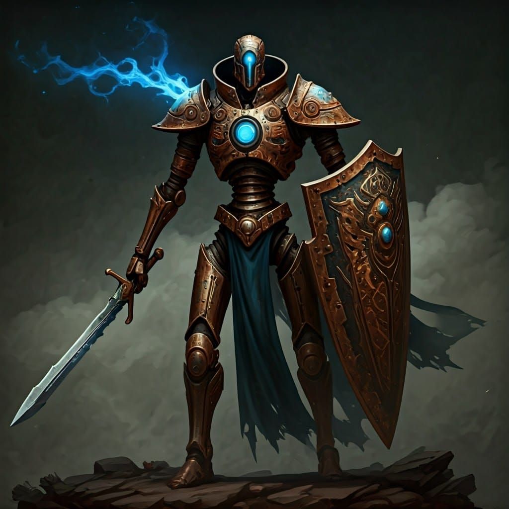 Rusted Automaton Wields Sword and Shield in High Fantasy Lan...