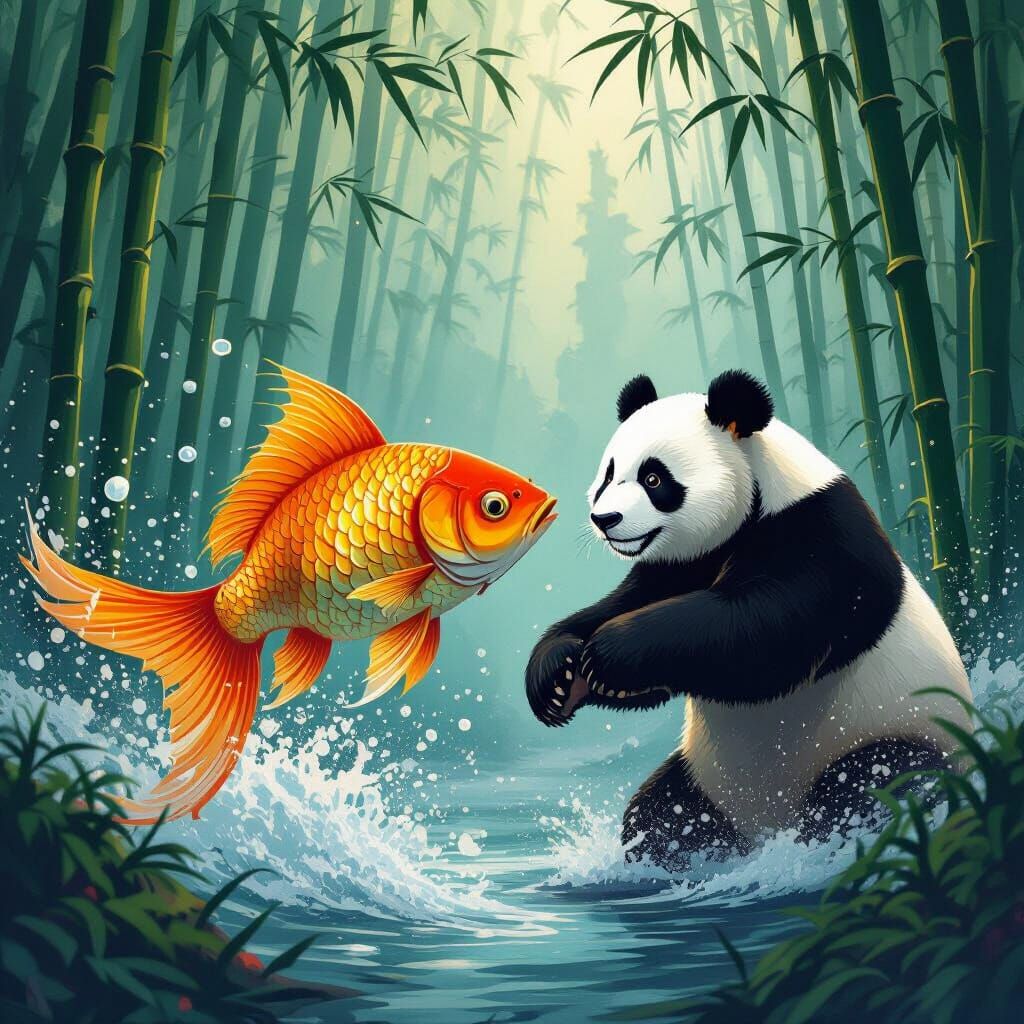 Golden Fish vs Panda in Dreamlike Forest