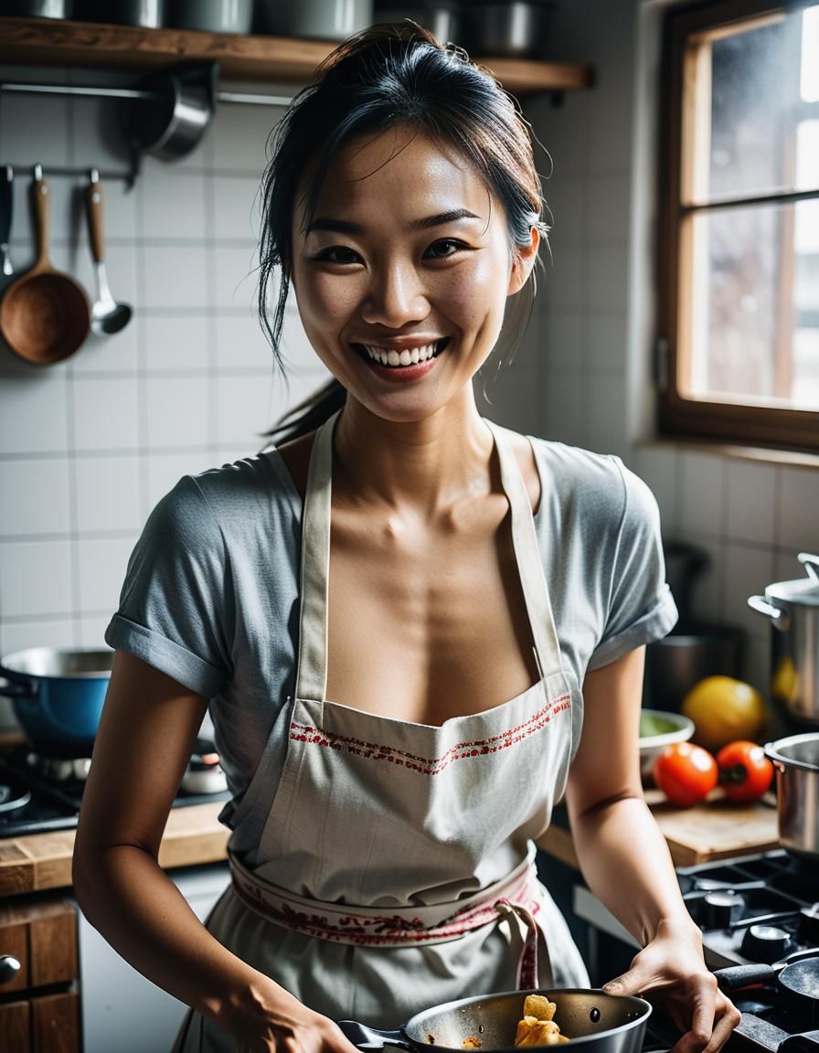 Smiling Asian Woman Cooking Portrait with Ambient Light
