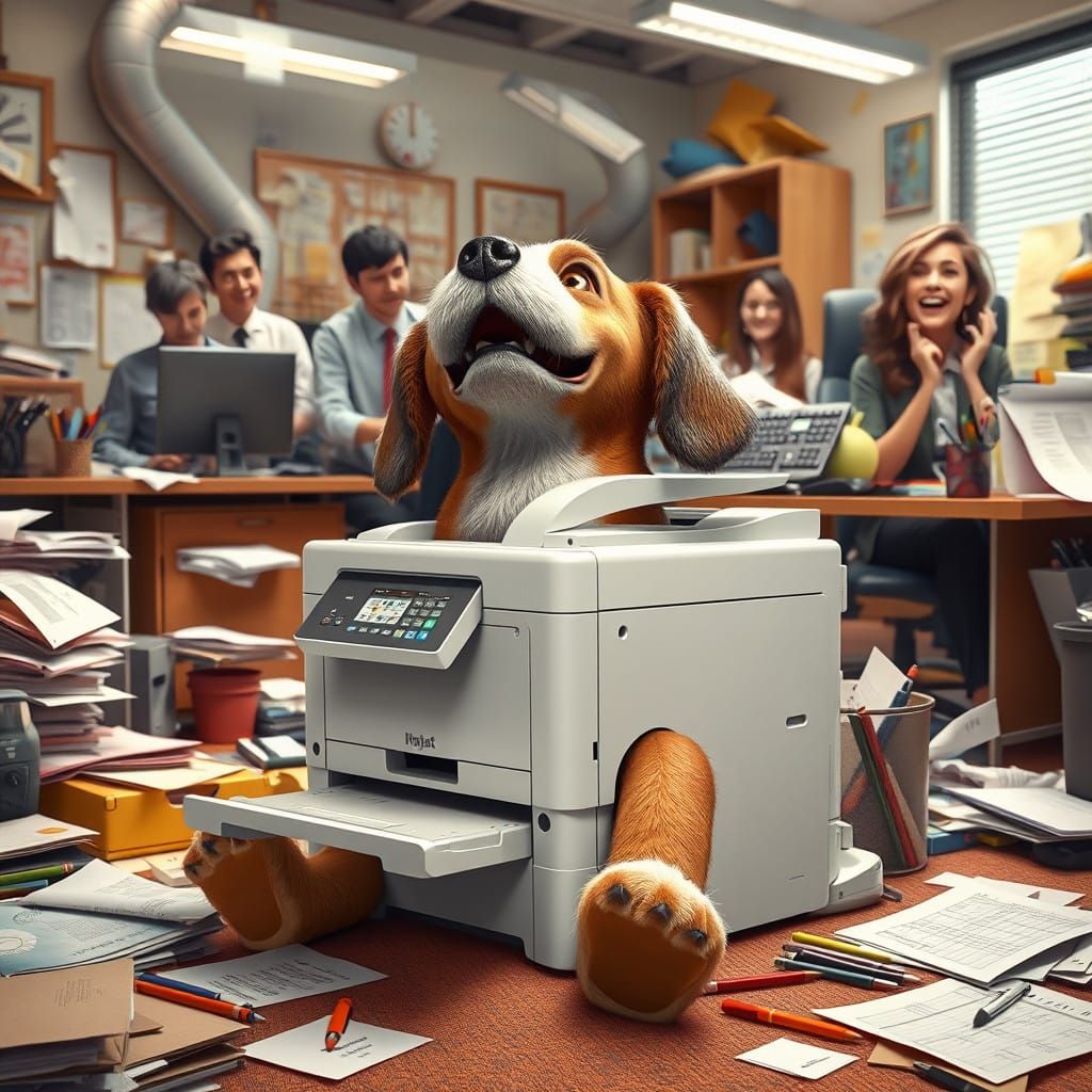 Playful Office Scene with Charming Printer Dog