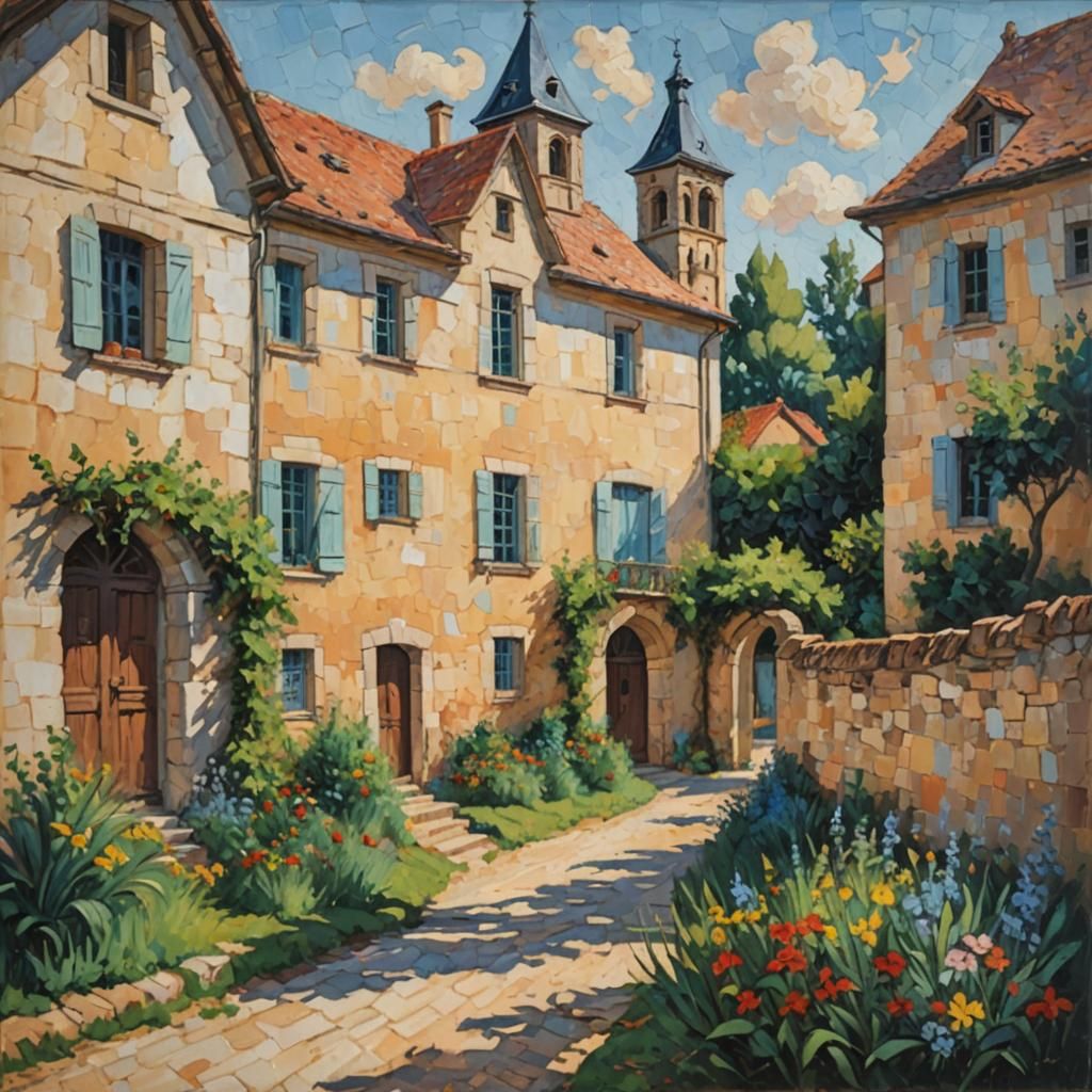French Convent: Neo-Impressionist Impasto Oil Painting