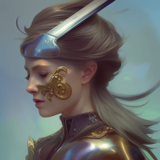 Cat Warrior Woman Portrait in Art Nouveau Style