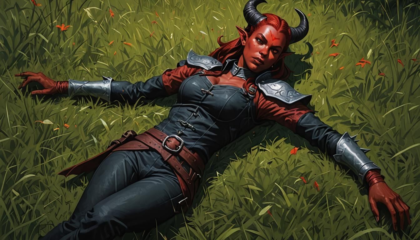 Angry Tiefling in Grassy Field: Dungeons and Dragons Art