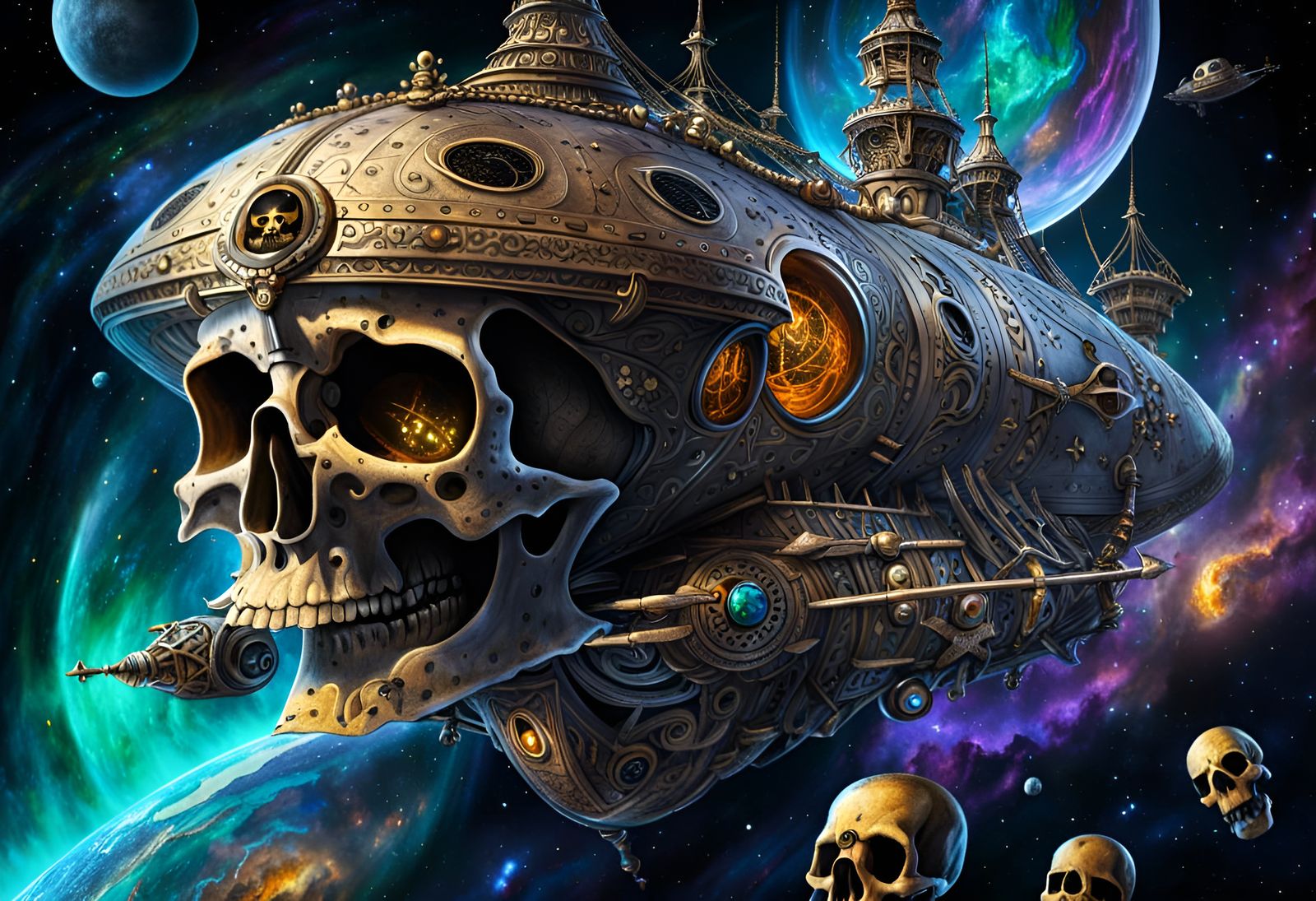 Spaceship Jolly Roger Flag in Ominous Cosmic Scene