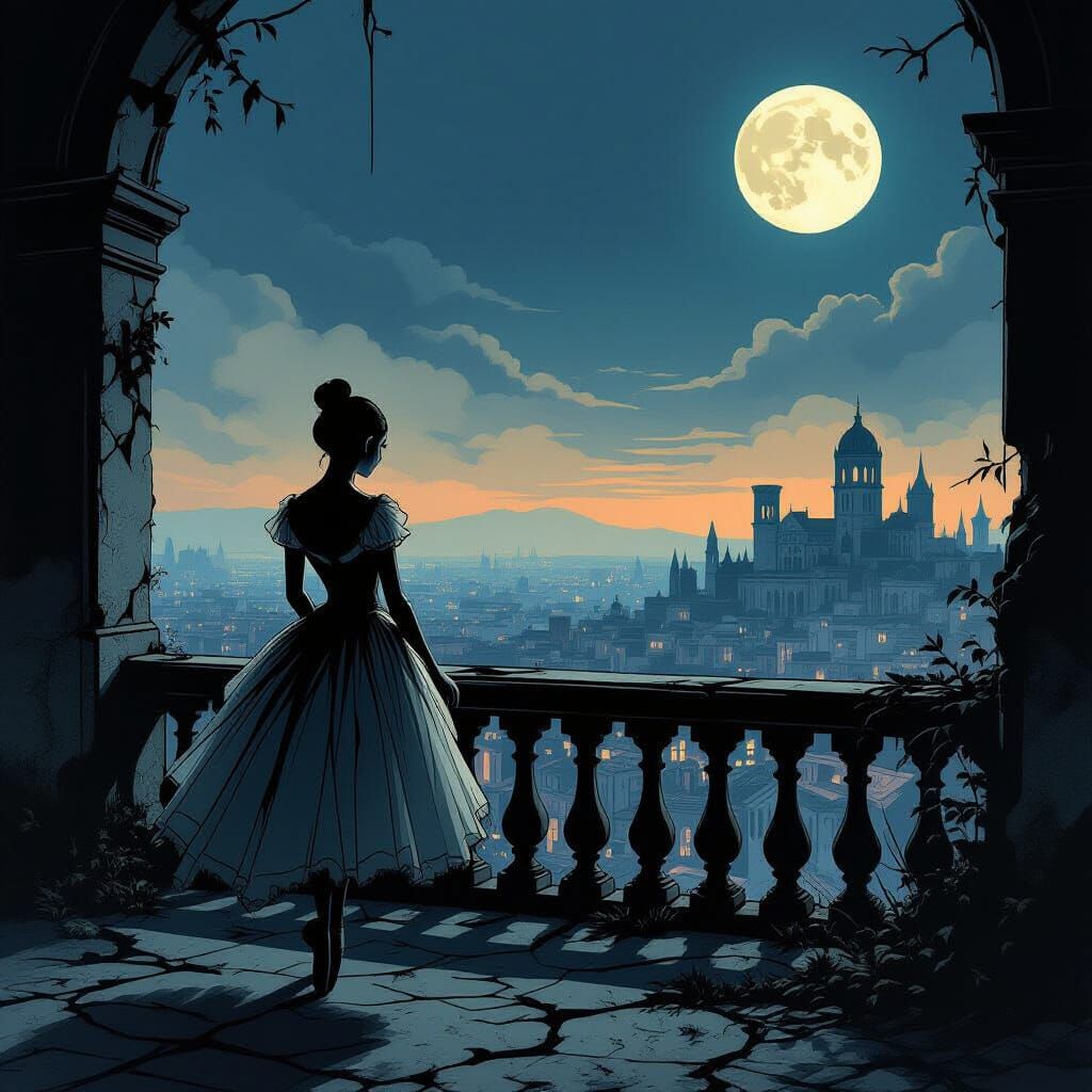 Ballerina on Ruined Balcony at Twilight in Graphic Novel Sty...