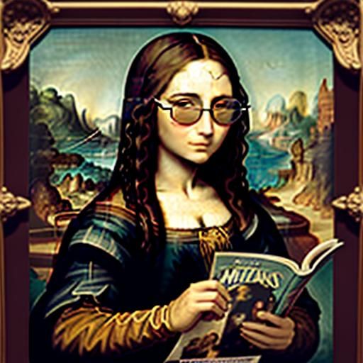 Mona Lisa wearing sunglasses and reading a magazine