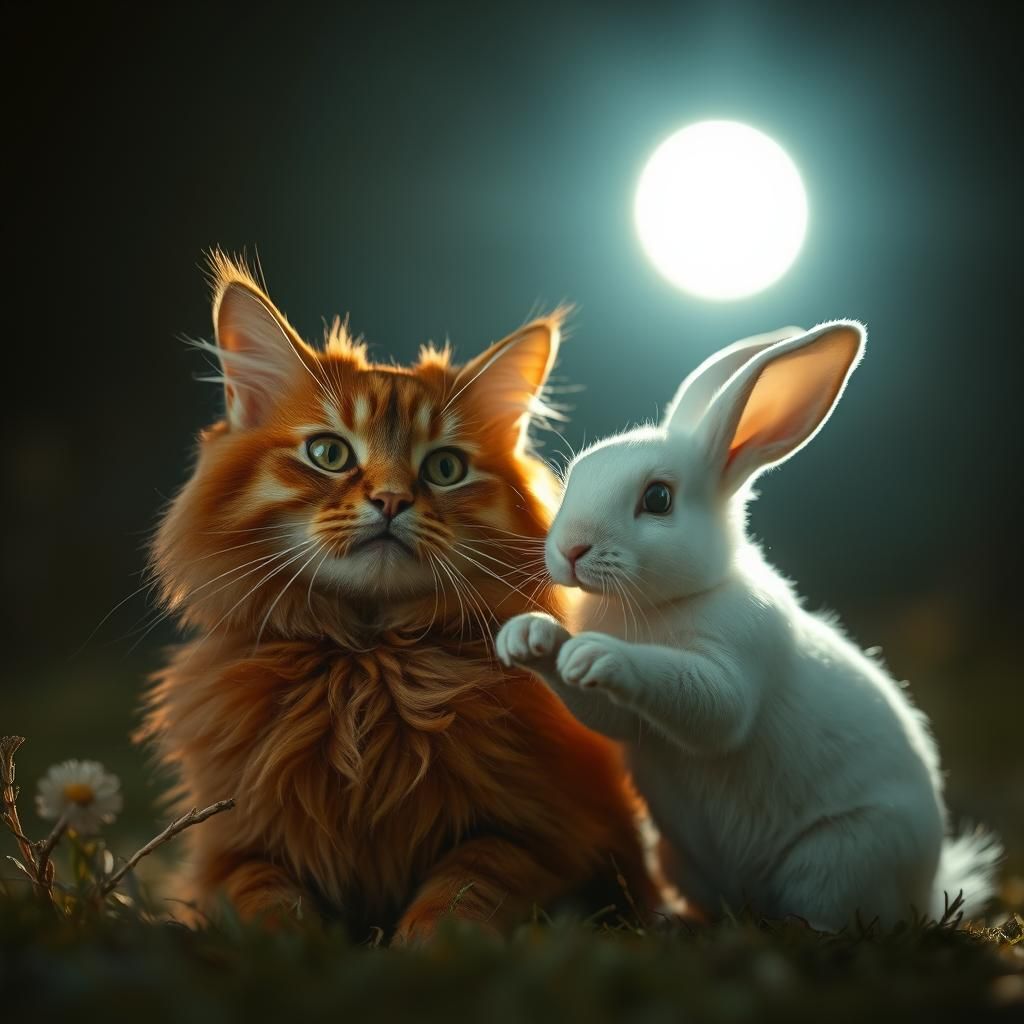 Red Cat and White Rabbit Under the Moon