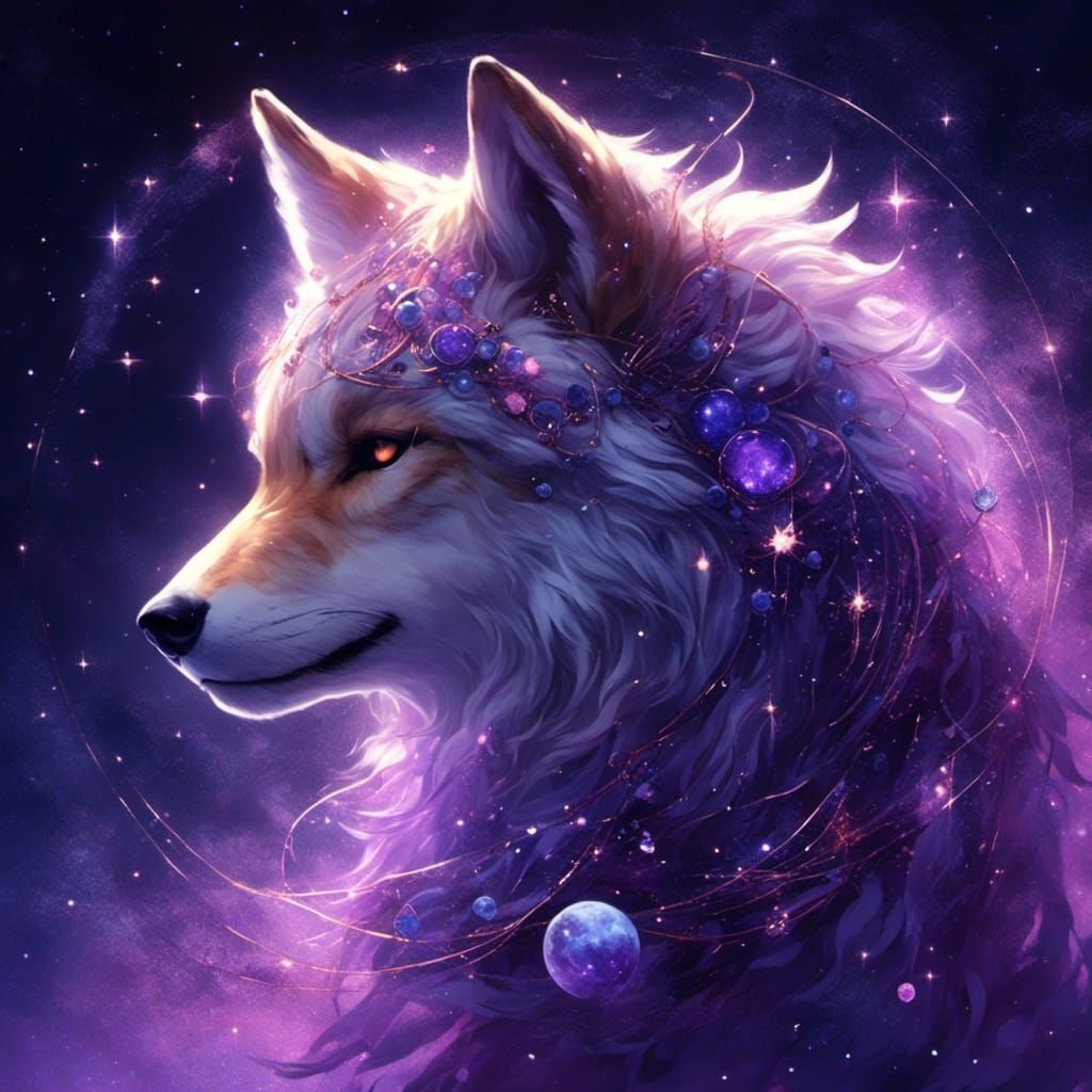 Celestial Wolf in Space with Constellations