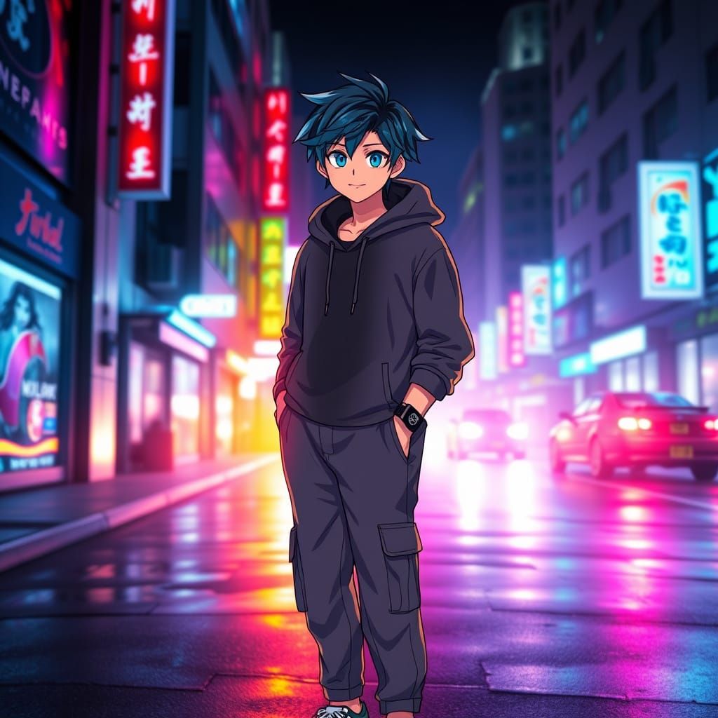 Teen in Neon Cityscape with Glowing Anime Eyes