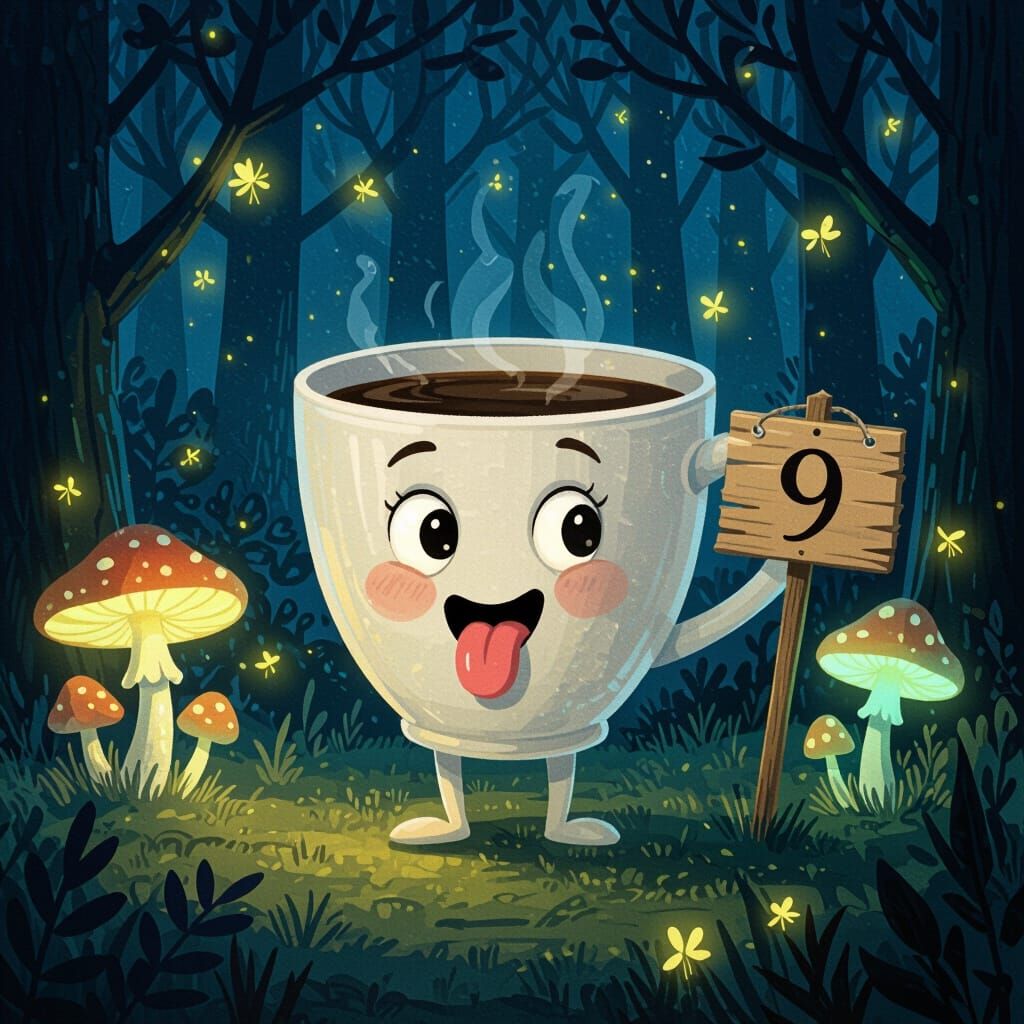 Whimsical Coffee Cup Character in Enchanted Forest