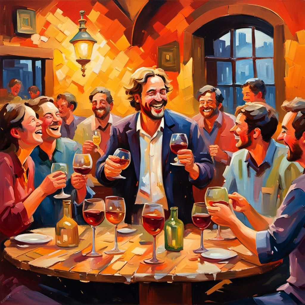 Joyful Scholars Toasting in Lively Tavern: Fauvist Splash Ar...