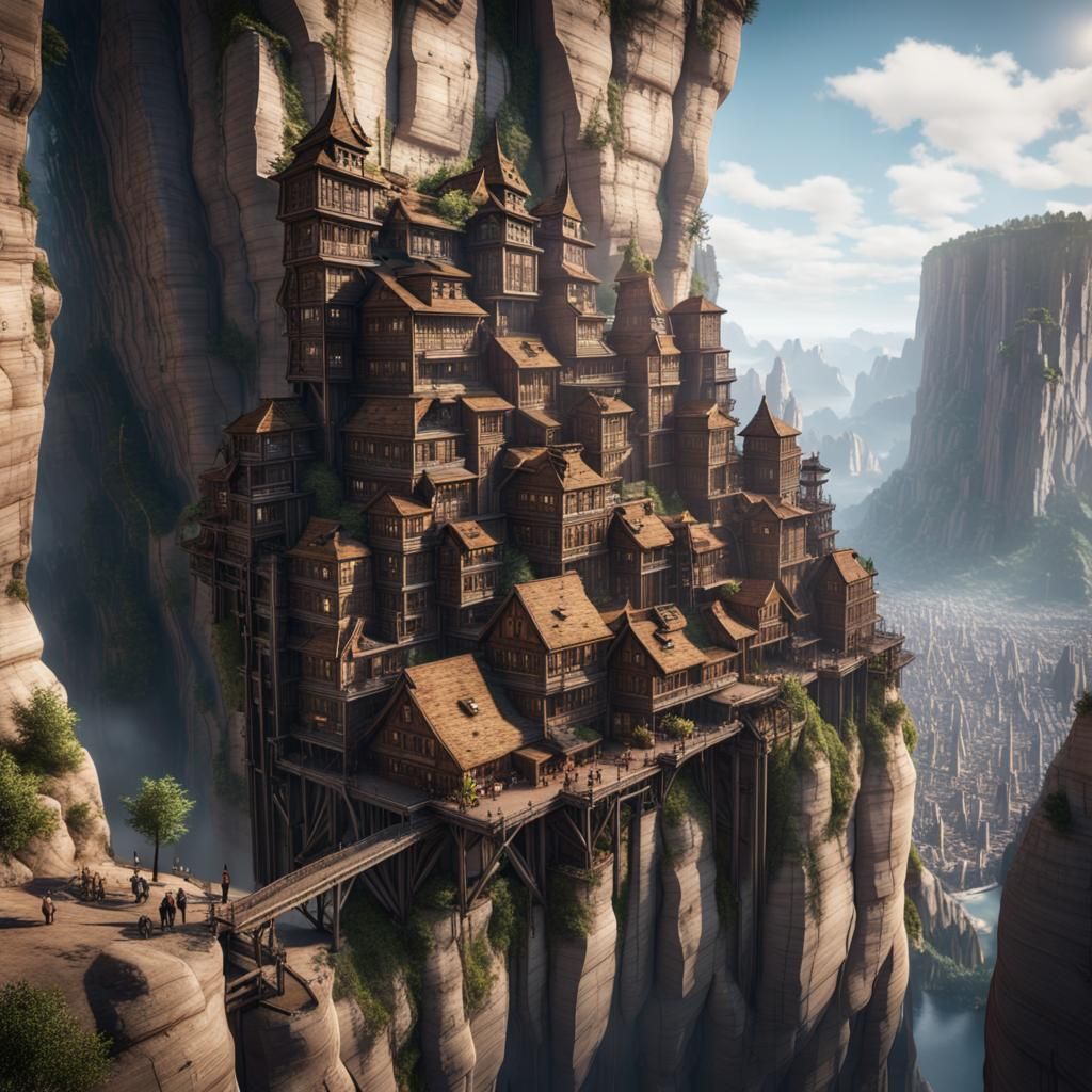 Epic Cliffside Wooden City in 3D