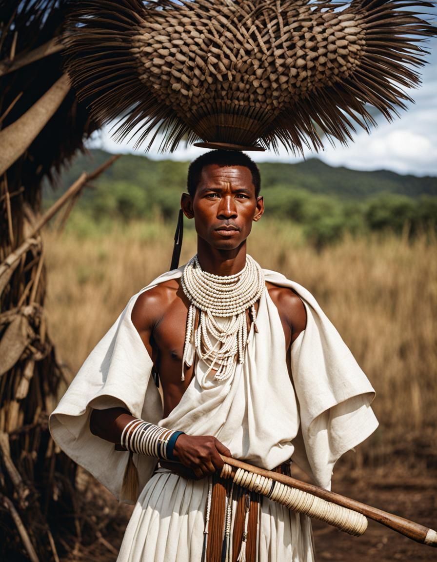 Sakalava Warrior with Assegai Spear in White Lamba