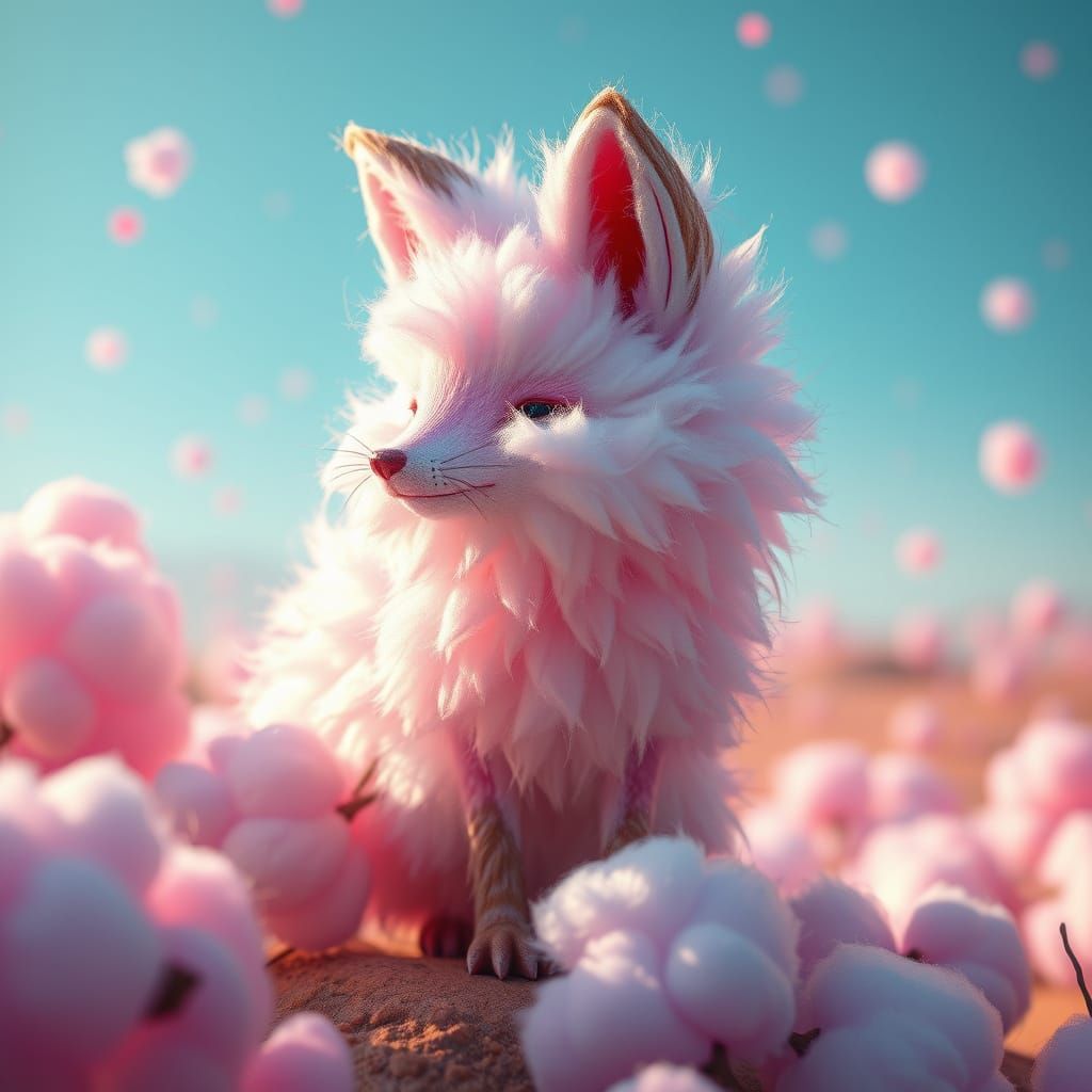 Whimsical Cotton Candy Fox in Dreamlike Fantasy Scene