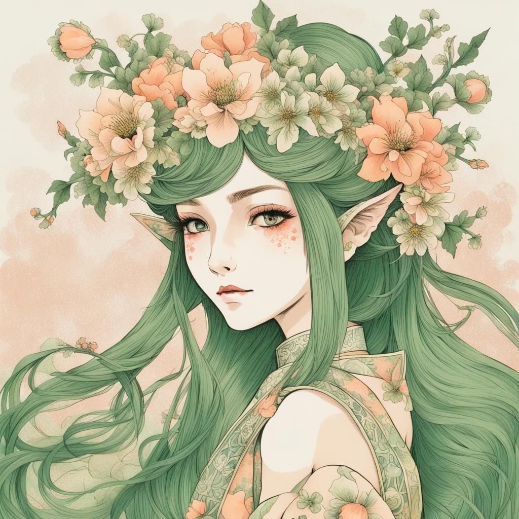 Ukiyo-e Spring Eladrin with Floral Crown