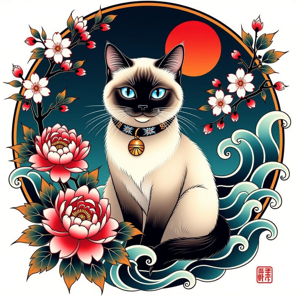 Siamese Cat Portrait in Neo-Traditional Tattoo Style