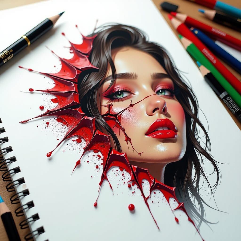Broken Heart Splashed on Page, Hyperrealistic Concept Art