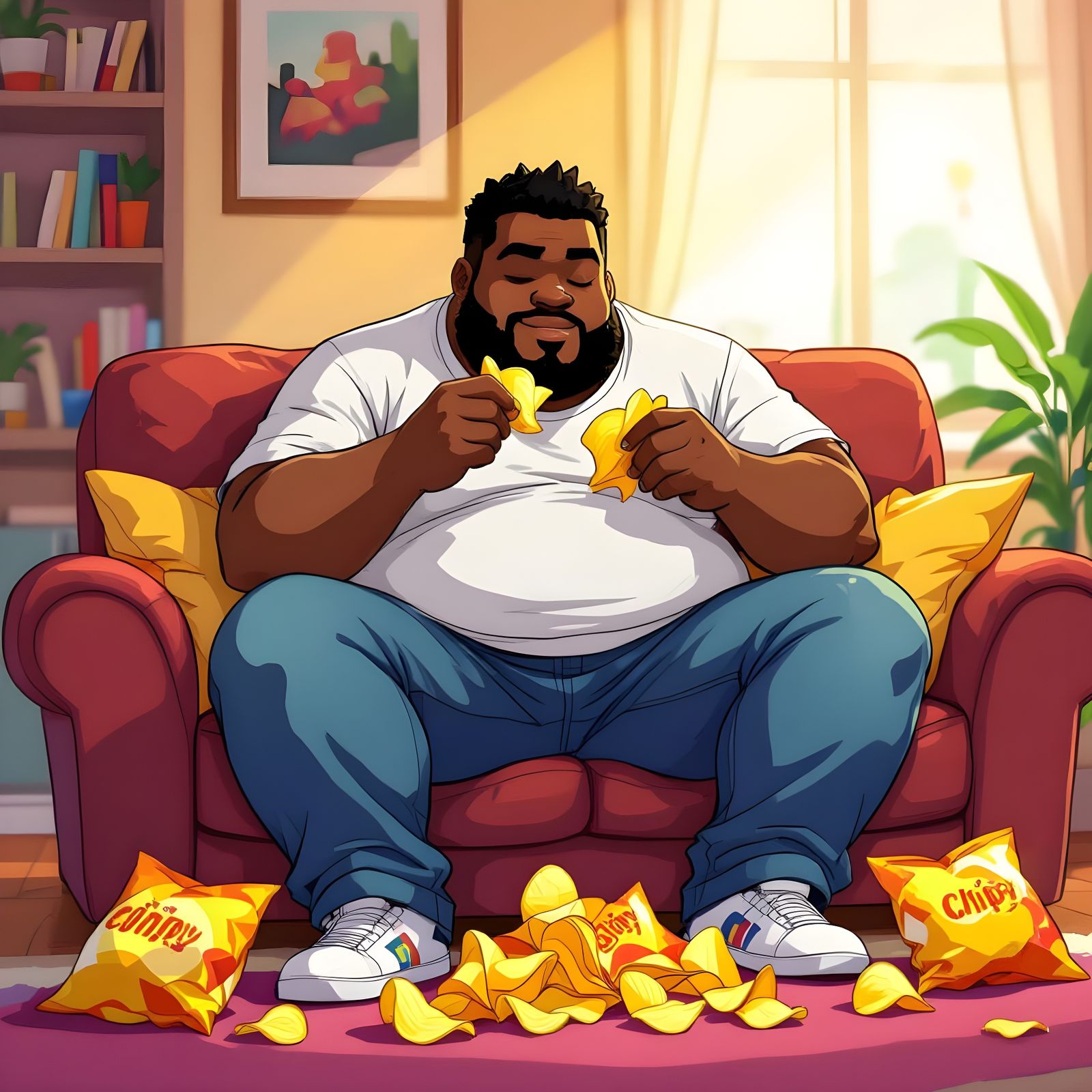 Man Eating Chips in Manga Style Living Room