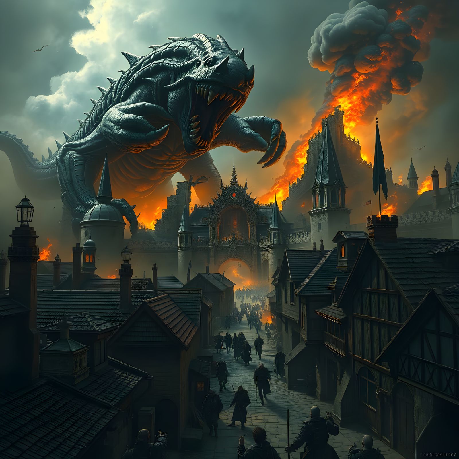 Titans Invade Burning Medieval City: Cinematic Horror