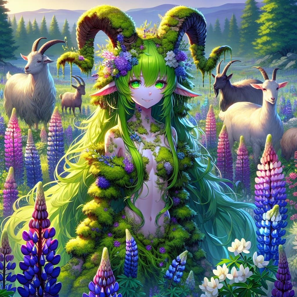 Anime Satyr Girl in Lupine Field