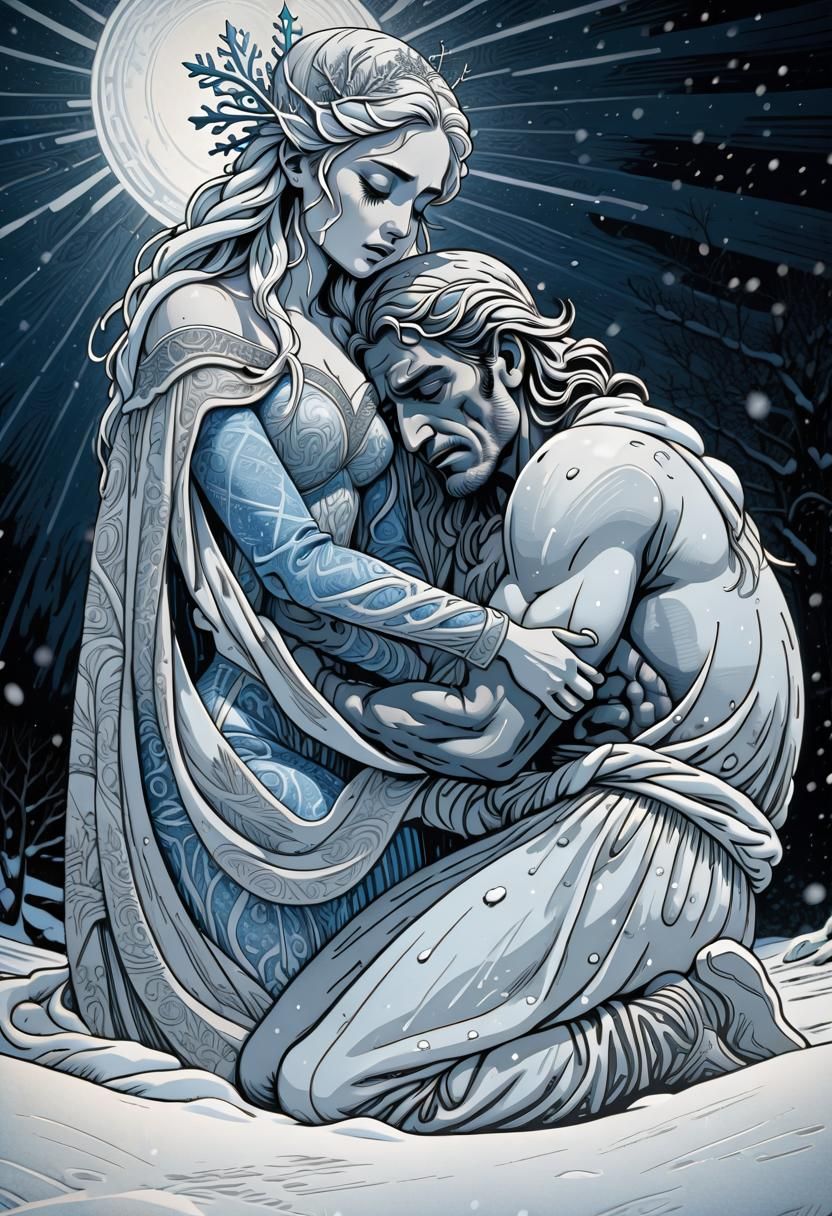 Snow Goddess Comforting Man: Etched Woodcut Print