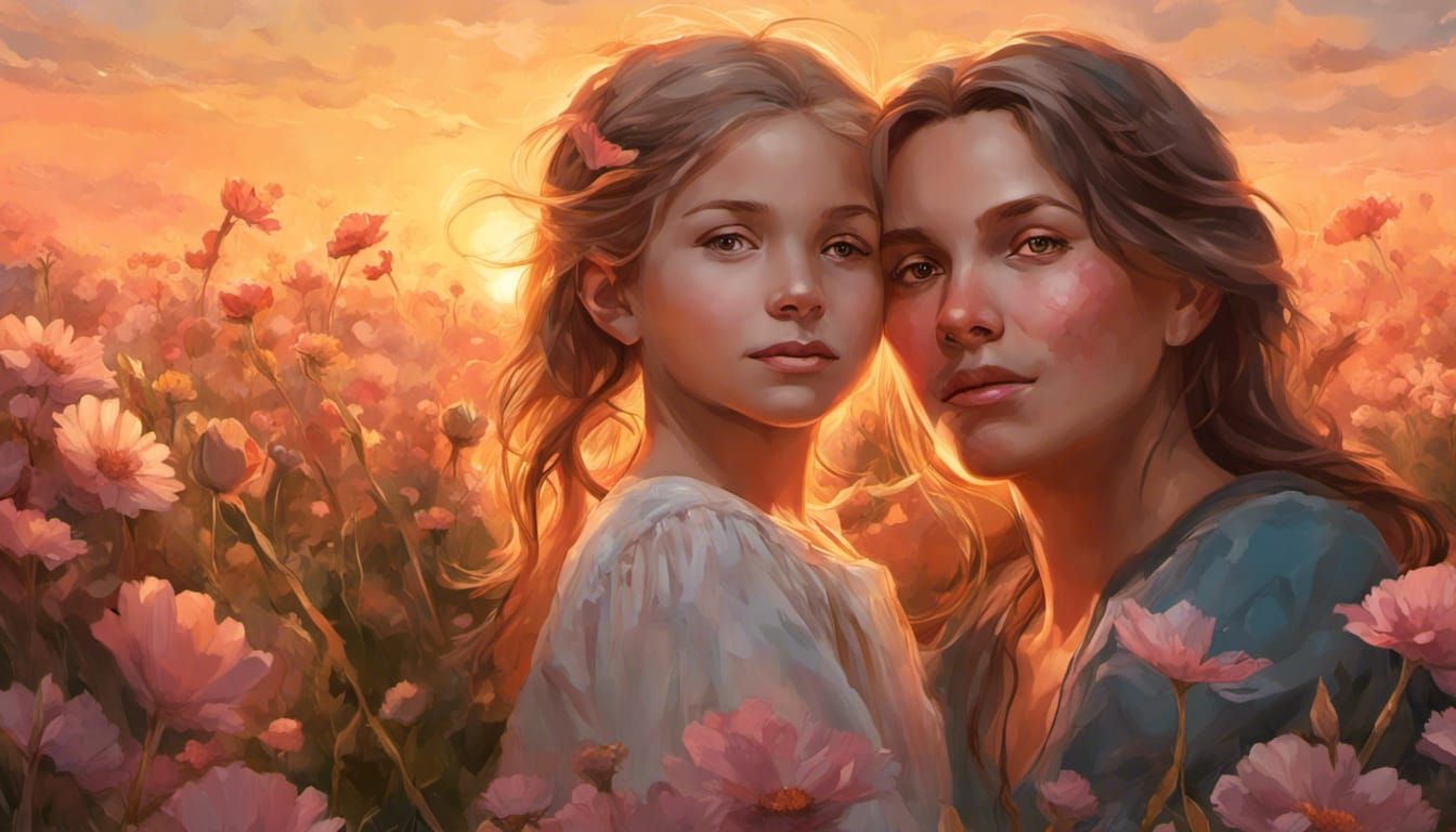 Mother and Daughter Portrait in Flower Field at Sunset