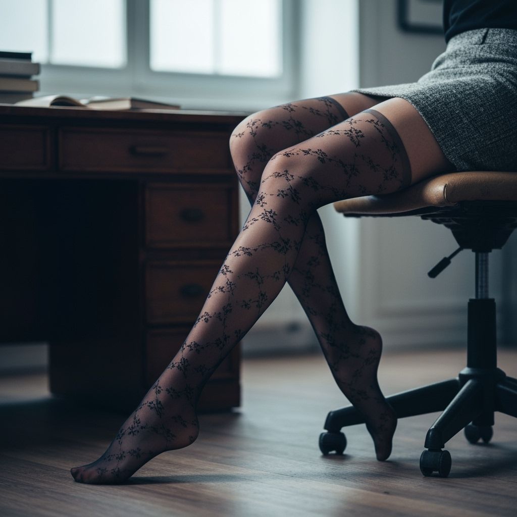 Woman's Legs in Patterned Tights on Vintage Chair