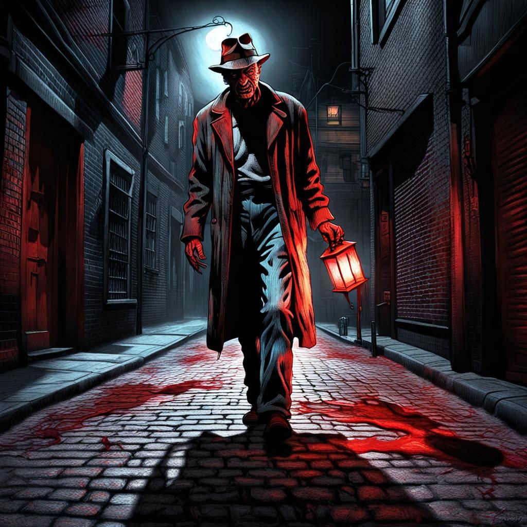 Freddy Krueger Chalk Art in Dark Alley