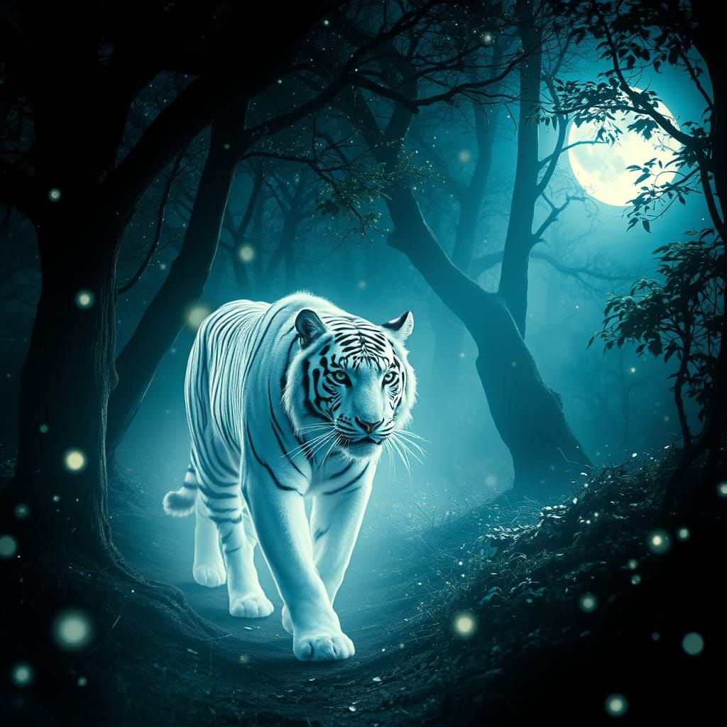Glowing White Tiger in Moonlit Fantasy Forest