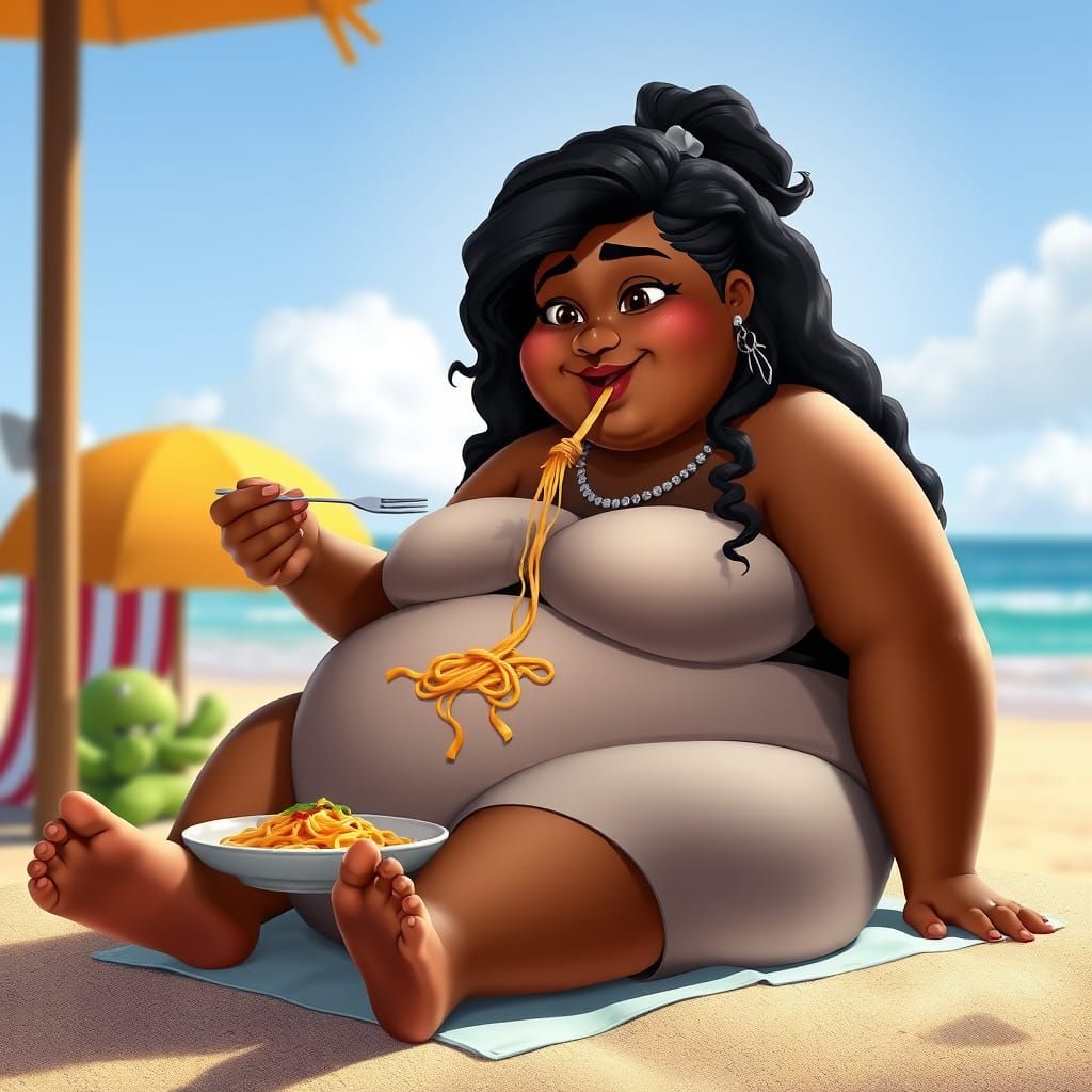 Joyful Plus-Size Woman at Beach, Pixar Style