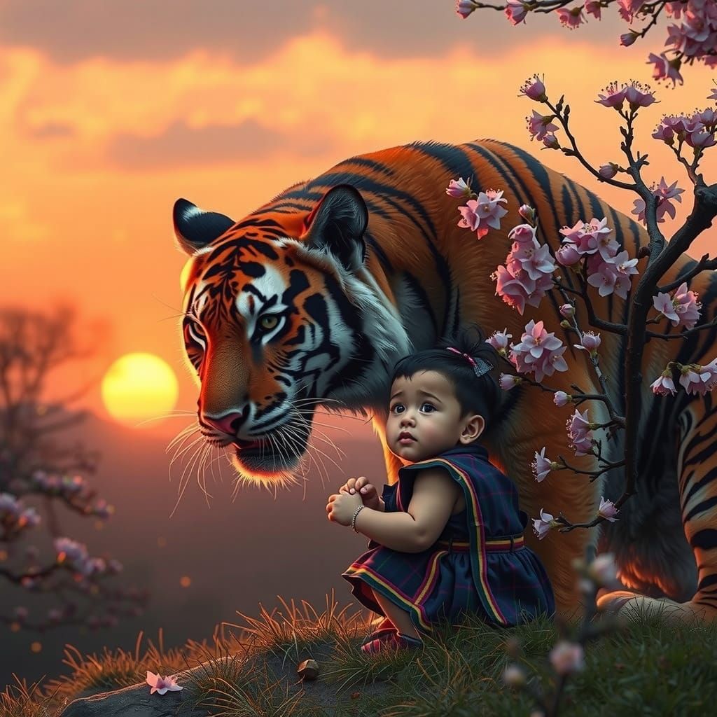 Motherly Tiger in Sunset Cherry Blossom Scene