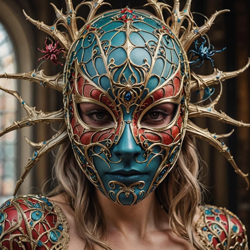Beautiful intricate spider mask in many colours for a masquerade ball Hyperrealistic, concept art, full shot, intricate...