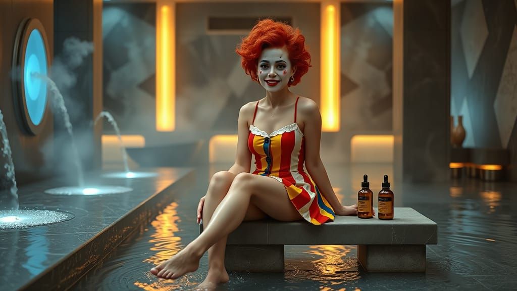 Beautiful Clown Woman in Futuristic Spa, Hyperrealistic