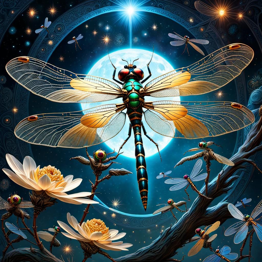 Celestial Dragonflies in Retrofuturistic Shimmering Night