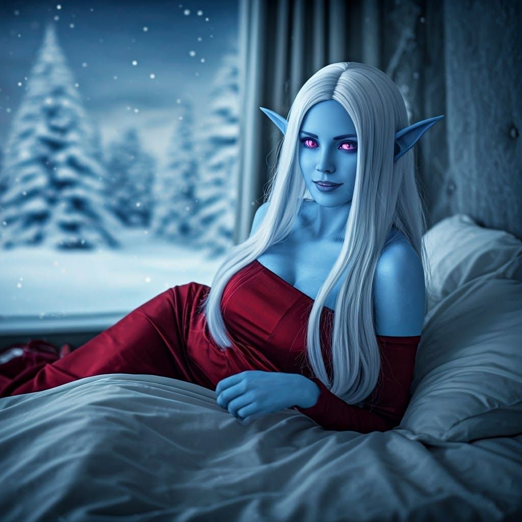 Cinematic Portrait of a Blue-Skinned Elf in Bed