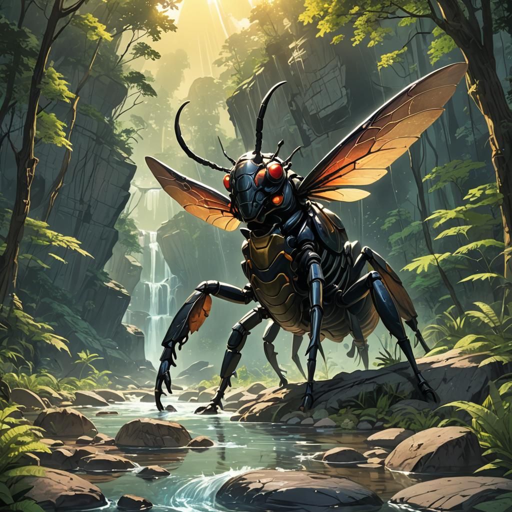 Giant Prehistoric Beetle in Jurassic Landscape, Anime Style