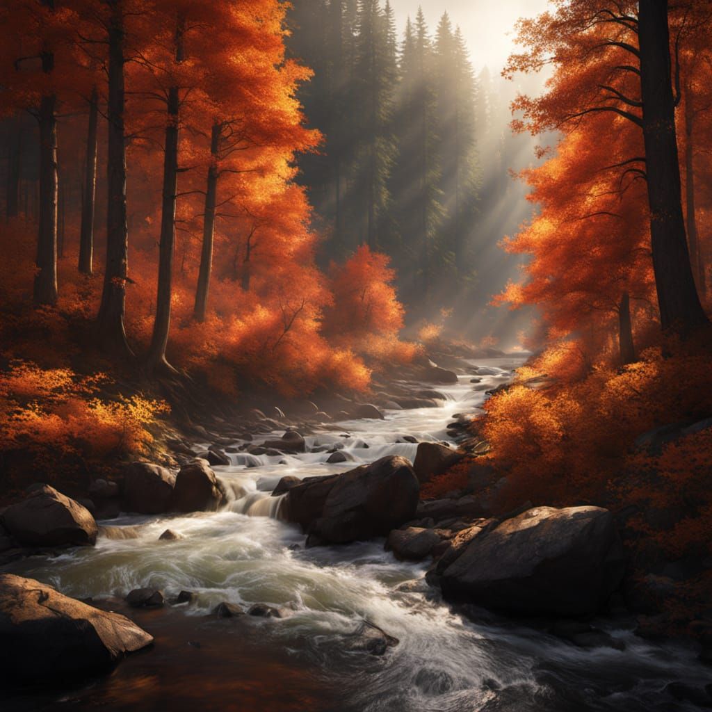 Magical Autumn Forest River With Glowing Light